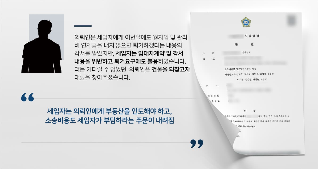 본 사건의 의뢰인은 임대차계약의 임대인 입장으로, 입주 첫 달을 제외하고는 반 년이 지나도록 한 차례도 차임과 관리비를 내지 않은 세입자로 인해 골머리를 앓고 있었습니다.장기간 연체가 이어지자 세입자에게 퇴거를 요구하였고, 세입자는 의뢰인에게 조금만 더 기다려 달라고 사정하였습니다.의뢰인은 조금만 더 기다리는 대신 세입자로부터 '이번 달에도 연체금 및 차임과 관리비를 납부하지 않을 시, 금월 중으로 퇴거하겠다'는 내용이 담긴 각서를 교부 받았습니다.그러나 세입자는 각서 내용을 이행하지 못했고, 의뢰인의 반복되는 퇴거 요구도 거절했습니다.누적되는 손해를 더는 감수할 수 없다고 판단한 의뢰인은 건물을 되찾고 연체금으로 인한 손해를 회복하기 위해서 민사전문변호사·부동산전문변호사가 있는 법무법인 대륜을 찾아주셨습니다.