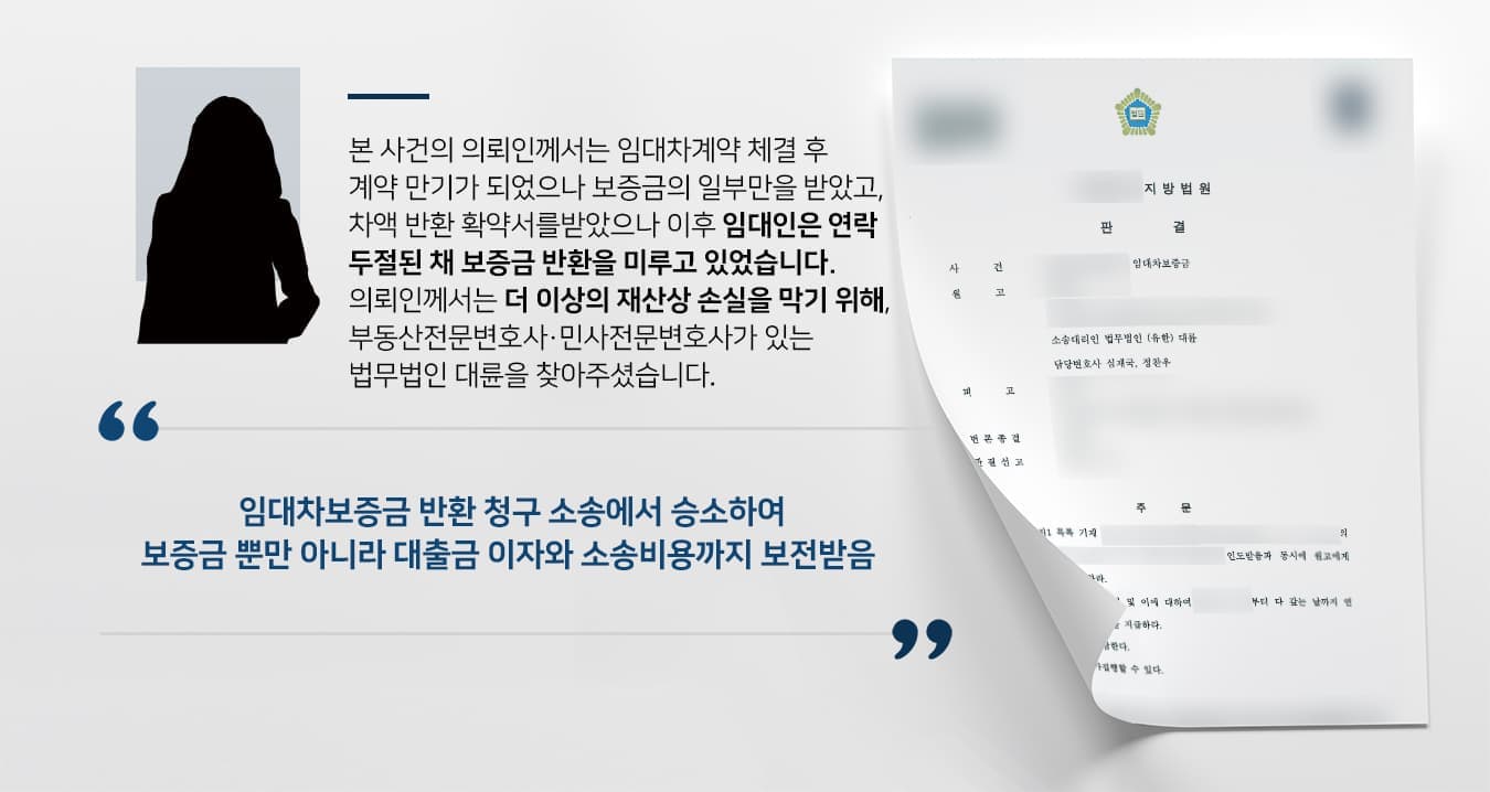 본 사건의 의뢰인께서는 임대차계약 체결 후 계약 만기가 되었으나 보증금의 일부만을 돌려받았고, 보증금 반환 확약서까지 받았지만 임대인은 연락이 두절된 채 보증금 반환을 미루고 있었습니다.   의뢰인께서는 더 이상의 재산상 손실을 막기 위하여, 부동산전문변호사·민사전문변호사가 있는 법무법인 대륜을 찾아주셨습니다.  