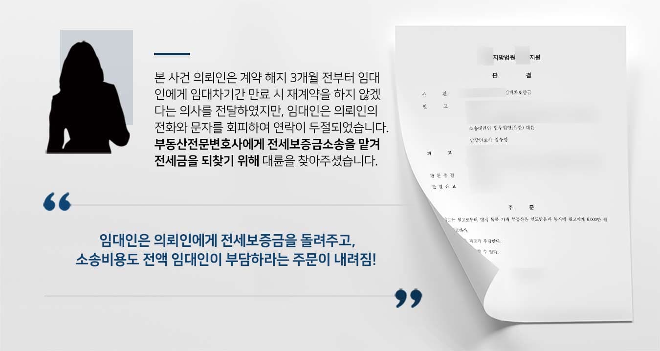 본 사건 의뢰인은 계약 해지 3개월 전부터 임대 인에게 임대차기간 만료 시 재계약을 하지 않겠 다는 의사를 전달하였지만, 임대인은 의뢰인의 전화와 문자를 회피하여 연락이 두절되었습니다. 부동산전문변호사에게 전세보증금소송을 맡겨 전세금을 되찾기 위해 대륜을 찾아주셨습니다. 