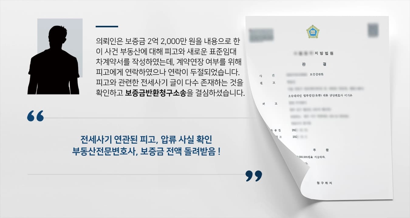 의뢰인은 보증금 2억 2,000만 원을 내용으로 한 이 사건 부동산에 대해 피고와 새로운 표준임대차계약서를 작성하였는데, 계약연장 여부를 위해 피고에게 연락하였으나 연락이 두절되었습니다. 피고와 관련한 전세사기 글이 다수 존재하는 것을 확인하고 보증금반환청구소송을 결심하셨습니다. 