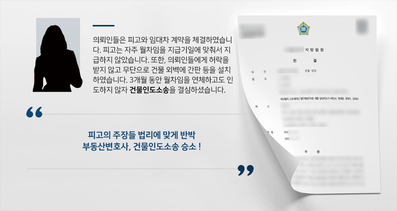 의뢰인들은 피고와 임대차 계약을 체결하였습니다. 피고는 자주 월차임을 지급기일에 맞춰서 지급하지 않았습니다. 또한, 의뢰인들에게 허락을 받지 않고 무단으로 건물 외벽에 간판 등을 설치하였습니다. 3개월 동안 월차임을 연체하고도 인도하지 않자 건물인도소송을 결심하셨습니다. 