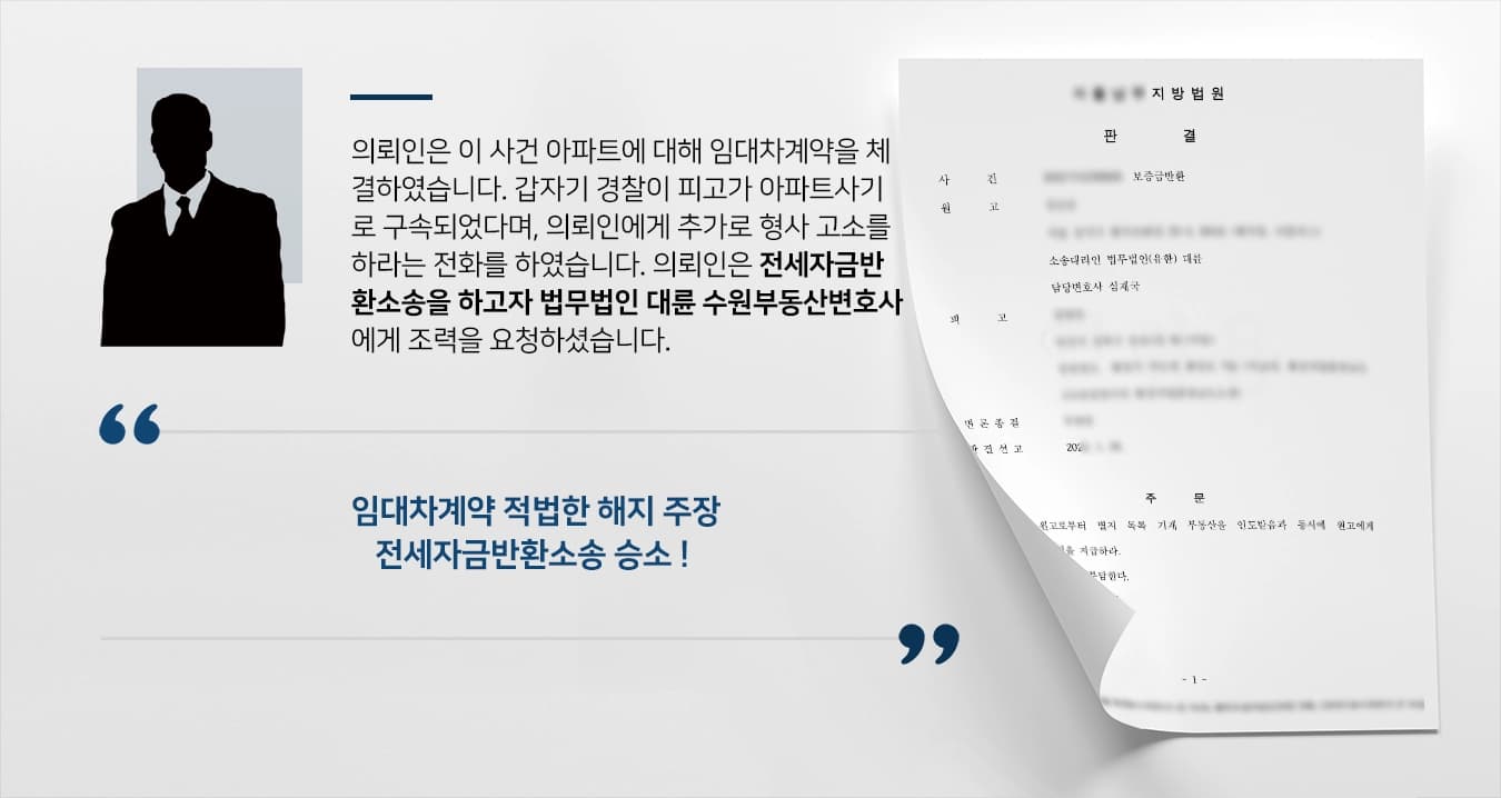 의뢰인은 이 사건 아파트에 대해 보증금 2억 5,000만 원으로 하는 임대차계약을 체결하였습니다. 갑자기 경찰이 피고가 아파트사기로 구속되었다며, 의뢰인에게 추가로 형사 고소를 하라는 전화를 하였습니다. 의뢰인은 전세자금반환소송을 하고자 법무법인 대륜 수원부동산변호사에게 조력을 요청하셨습니다.   임대차계약 적법한 해지 주장 전세자금반환소송 승소 ! 