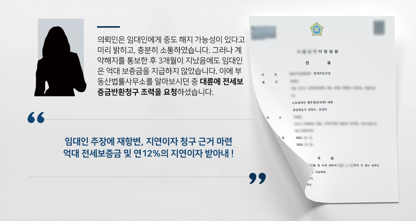 [전세보증금반환청구 성공] 부동산법률사무소, 임대인 주장에 재항변 및 지연이자 청구 근거까지 마련