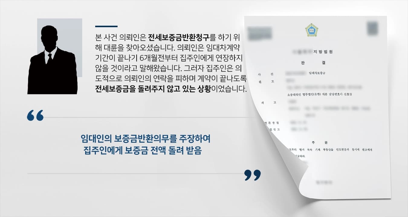 [전세보증금반환청구 승소] 전문변호인의 조력으로 전세보증금반환청구 승소